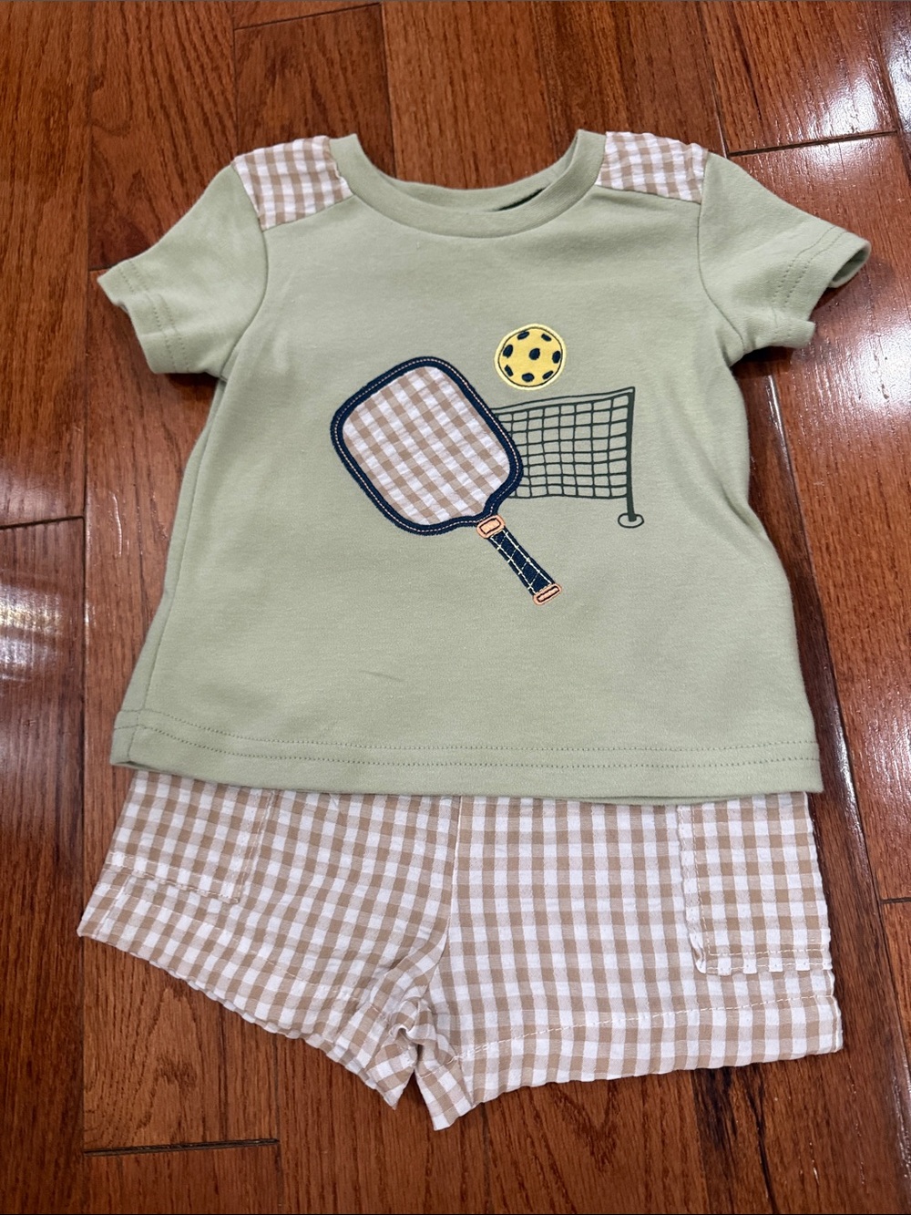 Baby Essentials Sage Green Pickleball Appliqué Pajama Set with Tan Gingham